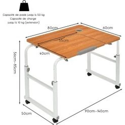 COSTWAY Bureau Informatique Réglable En Hauteur Et En Longueur, Table De Lit Avec Rroues Verrouillables, Plateau Iclinable Et Dispositif Anti-pincement 90-140 X 60 X 56-85 Cm Café -France Bureau Soldes 2022 50197448 5