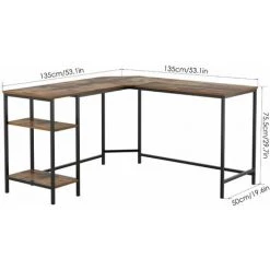 FURCHEN Bureau D'ordinateur D'angle Bibliothèques Table D'ordinateur D'étude En Forme De L Avec 2 Étagère Rangement Vintage 135x135x75,5cm -France Bureau Soldes 2022 50256251 3