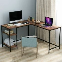 FURCHEN Bureau D'ordinateur D'angle Bibliothèques Table D'ordinateur D'étude En Forme De L Avec 2 Étagère Rangement Vintage 135x135x75,5cm -France Bureau Soldes 2022 50256251 5