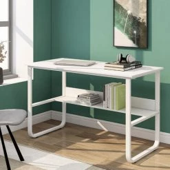JN.SONGS Bureau Avec Étagères 129x60x73cm Travail Informatique D'ordinateur En Bois Postes De Travail Table D’étude écriture - Blanc
