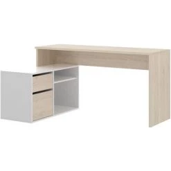 Bureau Angulaire Coloris naturel/blanc Brillant - Longueur 139 X Profondeur 92 X Hauteur 75 Cm -PEGANE-