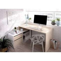 Bureau Angulaire Coloris naturel/blanc Brillant - Longueur 139 X Profondeur 92 X Hauteur 75 Cm -PEGANE- -France Bureau Soldes 2022 50697794 3
