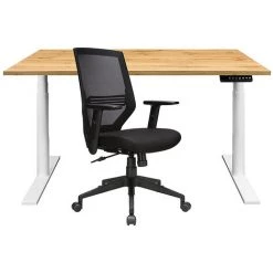 NOVIGAMI Ensemble De Bureau | Bureau Réglable En Hauteur électriquement Josi | Chêne | Largeur 140 Cm | Chaise De Bureau Lokai - Chêne | Piétement : Blanc