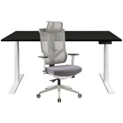 NOVIGAMI Ensemble De Bureau | Bureau Réglable En Hauteur électriquement Josi | Noir | Largeur 160 Cm | Chaise De Bureau Kalik - Noir | Piétement : Blanc