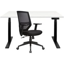 NOVIGAMI Ensemble De Bureau | Bureau Réglable En Hauteur électriquement Josi | Blanc | Largeur 140 Cm | Chaise De Bureau Lokai - Blanc | Piétement : Noir