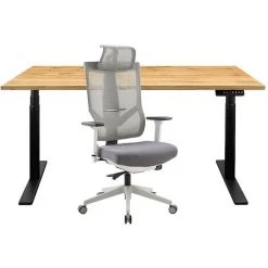 NOVIGAMI Ensemble De Bureau | Bureau Réglable En Hauteur électriquement Josi | Chêne | Largeur 160 Cm | Chaise De Bureau Kalik - Chêne | Piétement : Noir