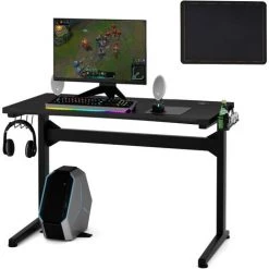 COSTWAY Bureau Gamer Ergonomique, Bureau Informatique Avec Porte-Gobelet, Support Pour Casque Et Tapis De Souris, 115x60x76cm, Noir