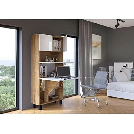 BB-LOISIR Armoire Placard Convertible En Bureau Et Table 175x80x32cm « Homi- Chêne Foncé / Blanc Brillant » 6 BB-LOISIR Armoire Placard Convertible En Bureau Et Table 175x80x32cm « Homi- Chêne Foncé / Blanc Brillant » – Image 4