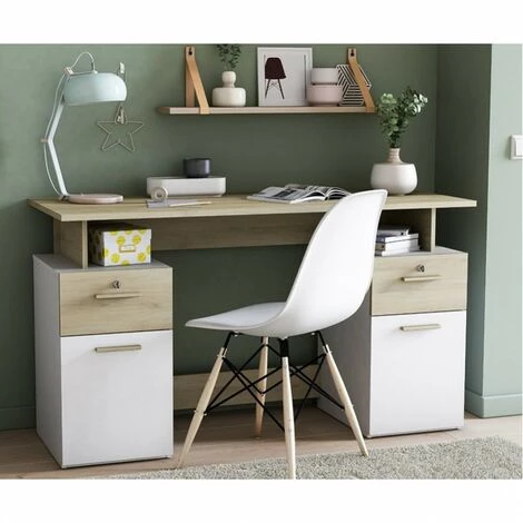 DEMEYERE Bureau 2 Caissons Blanc/naturel Platon - Naturel Clair - Naturel Et Blanc 4 DEMEYERE Bureau 2 Caissons Blanc/naturel Platon - Naturel Clair - Naturel Et Blanc – Image 2
