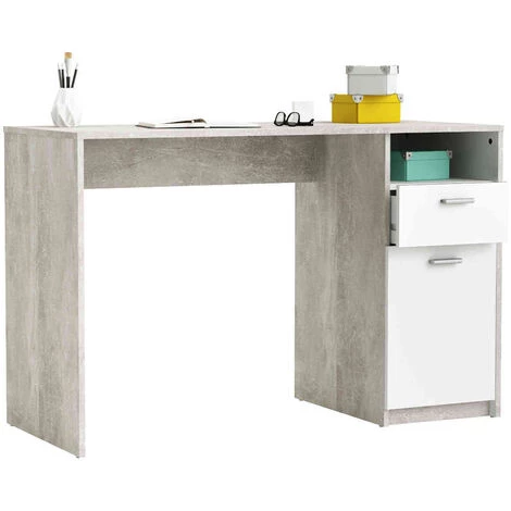 TERRE DE NUIT Bureau 1 Niche / 2 Tiroirs Blanc Et Béton - Gris 5 TERRE DE NUIT Bureau 1 Niche / 2 Tiroirs Blanc Et Béton - Gris – Image 3