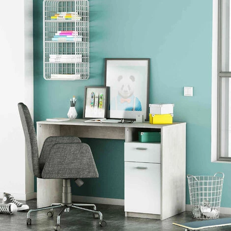 TERRE DE NUIT Bureau 1 Niche / 2 Tiroirs Blanc Et Béton - Gris 6 TERRE DE NUIT Bureau 1 Niche / 2 Tiroirs Blanc Et Béton - Gris – Image 4