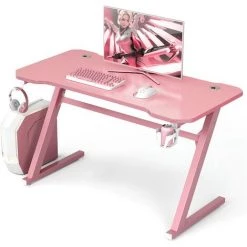 COSTWAY Bureau Gamer De 120,5 Cm Chaise Gaming Avec Crochet Pour Casque Et Porte-gobelet Repose-pieds Réglable En Forme De Z