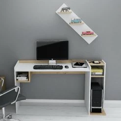 HOMEMANIA Ezgi Bureau Avec Etagere Avec Etageres - Du Salon, De La Chambre A Coucher, Du Bureau, Du Bureau-Blanc, Chene En Bois, 146,8 X 50 X 80 Cm