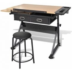 Topdeal Table à Dessin Inclinable 2 Tiroirs Et Tabouret -France Bureau Soldes 2022 52083106 4