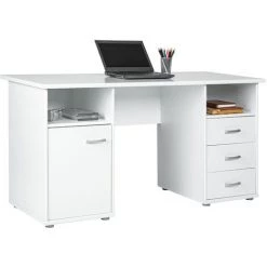 Bureau 1 Porte + 3 Tiroirs Coloris Blanc - Longueur 148 X Largeur 60 X Hauteur 75 Cm -PEGANE- -France Bureau Soldes 2022 52476240 3