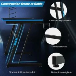 COSTWAY Bureau Gamer 120x60 CM, Avec Surface En Fibre De Carbone, Crochet Pour Casque, Porte-gobelet Et Support De Manette Bleu -France Bureau Soldes 2022 52966509 5
