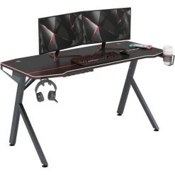DlandHome Bureau Gaming 140 Cm Bureau Gamer Avec Tapis De Souris Intégré, Ergonomique Table De Gaming Avec Crochet Pour Casque, Porte-gobelet & Support Pour Cable Management, Pieds Y, Noir