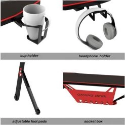 DlandHome Bureau Gaming 140 Cm Bureau Gamer Avec Tapis De Souris Intégré, Ergonomique Table De Gaming Avec Crochet Pour Casque, Porte-gobelet & Support Pour Cable Management, Pieds Y, Noir -France Bureau Soldes 2022 53306060 4