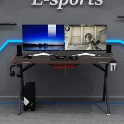 DlandHome Bureau Gaming 140 Cm Bureau Gamer Avec Tapis De Souris Intégré, Ergonomique Table De Gaming Avec Crochet Pour Casque, Porte-gobelet & Support Pour Cable Management, Pieds Y, Noir -France Bureau Soldes 2022 53306060 5