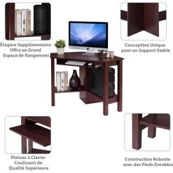 COSTWAY Bureau D’Angle Informatique Pour Ordinateur Table En Bois Avec Tiroir Pour Clavier Et Etagère De Rangement 120x60x77CM Brun -France Bureau Soldes 2022 53989168 3