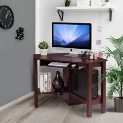 COSTWAY Bureau D’Angle Informatique Pour Ordinateur Table En Bois Avec Tiroir Pour Clavier Et Etagère De Rangement 120x60x77CM Brun -France Bureau Soldes 2022 53989168 4