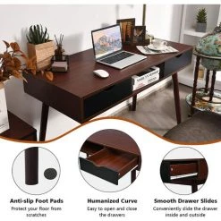 COSTWAY Bureau D'Ordinateur, Bureau PC 120 Cm, Avec 2 Tiroirs Et Compartiment De Rangement Ouvert -France Bureau Soldes 2022 54122651 3