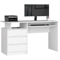 AKORD Bureau Informatique CLP Blanc 135 Cm Bureau D' Ordinateur (3) Tiroirs Couleur Blanc Mat, 2 étagères - 135x60x77 Cm