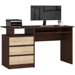 AKORD Bureau Informatique CLP Wengé 135 Cm Bureau D' Ordinateur (3) Tiroirs Couleur Chêne Sonoma Mat, 2 étagères - 135x60x77 Cm