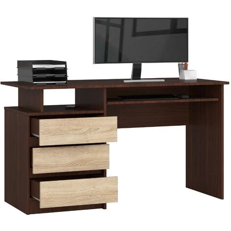 AKORD Bureau Informatique CLP Wengé 135 Cm Bureau D' Ordinateur (3) Tiroirs Couleur Chêne Sonoma Mat, 2 étagères - 135x60x77 Cm 4 AKORD Bureau Informatique CLP Wengé 135 Cm Bureau D' Ordinateur (3) Tiroirs Couleur Chêne Sonoma Mat, 2 étagères - 135x60x77 Cm – Image 2