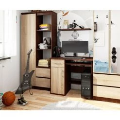 AKORD Bureau Informatique, Bureau D' Ordinateur, 90 Cm, JAY, Mat, équipé D'une étagère à Clavier Coulissante Wenge / Chêne Sonoma 3 étagères 1 Tiroirs 1 Portes1 -France Bureau Soldes 2022 54156999 5
