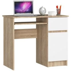 AKORD Bureau Informatique Droit, Bureau D' Ordinateur, 90 Cm, PIKSEL, Mat, équipé D'une étagère à Clavier Coulissante Systeme Sans Poignée Chêne Sonoma / Blanc 3 étagères 1 Tiroirs 1 Portes1