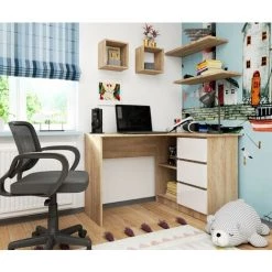 AKORD Bureau D'angle Droit B16 Chêne Sonoma 124 Cm Bureau D'ordinateur (3) Tiroirs Blanc Brillant Mat, 2 étagères - 124x85x77 Cm -France Bureau Soldes 2022 54157119 5