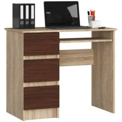 AKORD Bureau Informatique Gauche, Bureau D' Ordinateur, 90 Cm, A-6, Mat, équipé D'une Tablette Coulissante Pour Clavier Systeme Sans Poignée Chêne Sonoma / Wenge 1 étagères 3 Tiroirs 1