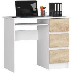 AKORD Bureau Informatique Droit, Bureau D' Ordinateur, 90 Cm, A-6, Mat, équipé D'une Tablette Coulissante Pour Clavier Systeme Sans Poignée Blanc / Chêne Sonoma 1 étagères 3 Tiroirs 1