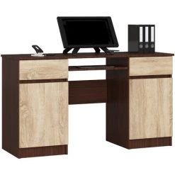 AKORD Bureau Informatique A5 Wengé 135 Cm Bureau D'ordinateur (2) Portes (2) Tiroirs Chêne Sonoma Mat, 5 étagères - 135x50x77 Cm
