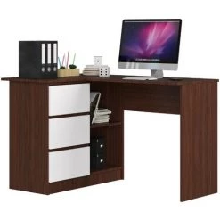 AKORD Bureau D'angle Gauche B16 Wengé 124 Cm Bureau Informatique, Bureau D'ordinateur (3) Tiroirs Blanc Mat, 2 étagères 124x85x77 Cm