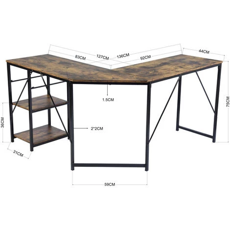 URBAN MEUBLE Bureau D'angle Style Industriel Avec étagères Intégrées 4 URBAN MEUBLE Bureau D'angle Style Industriel Avec étagères Intégrées – Image 2