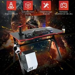 COSTWAY Bureau De Jeu, Gaming Bureau Ergonomique Avec Cadre En Forme De K, Porte-Gobelet Et Crochet Pour Casque, 120 X 60 X 76 CM -France Bureau Soldes 2022 54466836 3