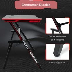 COSTWAY Bureau De Jeu, Gaming Bureau Ergonomique Avec Cadre En Forme De K, Porte-Gobelet Et Crochet Pour Casque, 120 X 60 X 76 CM -France Bureau Soldes 2022 54466836 4