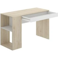 CAESAROO Bureau 115x50 Cm Olivia Blanc Mat Et Naturelle Avec Tiroir Et étagère Latérale | Blanc Et Naturel -France Bureau Soldes 2022 54715726 3