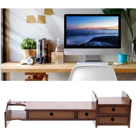 YB Support De Moniteur En Bambou Pour Imprimante D'ordinateur Portable Avec étagère De Rangement De Bureau à 4 Tiroirs 5 YB Support De Moniteur En Bambou Pour Imprimante D'ordinateur Portable Avec étagère De Rangement De Bureau à 4 Tiroirs – Image 3
