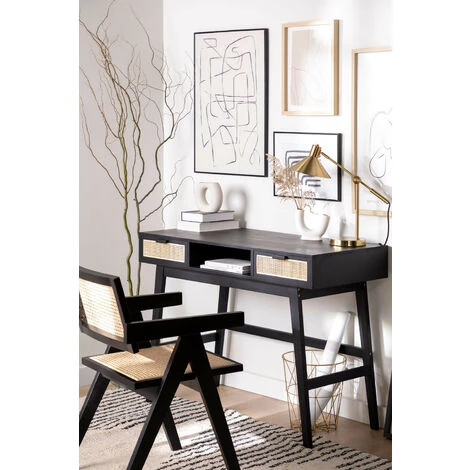 Bureau En Rotin Et Bois Reyna SKLUM Bois De Pin - Osier - Noir 4 Bureau En Rotin Et Bois Reyna SKLUM Bois De Pin - Osier - Noir – Image 2