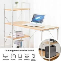 COMHOMA Bureau Informatique Design Industriel Avec Bibliothèque 4 étagères Panneaux Table D’éude En Bois Vierge Et Struture En Métal (Beige) -France Bureau Soldes 2022 55343612 3