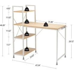 COMHOMA Bureau Informatique Design Industriel Avec Bibliothèque 4 étagères Panneaux Table D’éude En Bois Vierge Et Struture En Métal (Beige) -France Bureau Soldes 2022 55343612 4