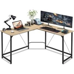 LUCKRACER Bureau D'Angle Bureau Informatique Design Industriel Avec Plateau De Table Spacieux Aspect Vieux Bois Métal Noir (Beige)