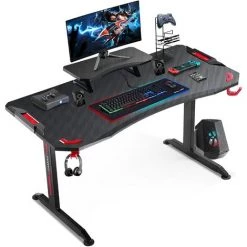 GTPLAYER Bureau Gaming 65*120cm Bureau Gamer Ergonomique En Forme De T Avec Support De Moniteur Réglable Et Crochet Casque Bureau Infomatique Adapté à PC Gamer (Noir)