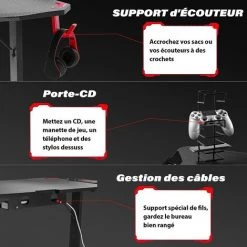 GTPLAYER Bureau Gaming 65*120cm Bureau Gamer Ergonomique En Forme De T Avec Support De Moniteur Réglable Et Crochet Casque Bureau Infomatique Adapté à PC Gamer (Noir) -France Bureau Soldes 2022 55343638 3