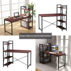 Dripex Bureau Informatique, Bureau Avec Rangement, Table D’étude, Bureau Bois Et Métal, Pour Bureau, Chambre Et Salon 120 X 60 X 120 Cm(Marron Rouge) -France Bureau Soldes 2022 55390916 4