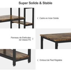 Dripex Bureau Informatique Avec Rangement, Bureau Métal Et Bois 131 X 60 X 110 Cm Table D'étude Dans La Chambre - Marron Rustique -France Bureau Soldes 2022 55390961 3