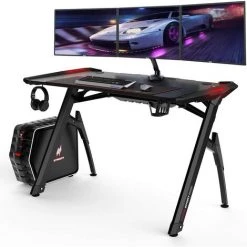 Homfa Gaming Bureau De Jeu 120cm Avec Lumières RVB, Bureau D'ordinateur De Bureau à Domicile Avec Porte-gobelet Et Crochet Pour Casque, Gamer Table De Jeu Pour PC, Postes De Travail Informatiques, Noir